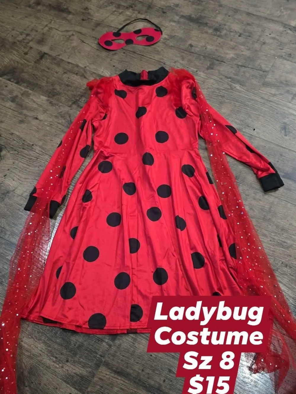 Girls  Red and Black Ladybug Halloween Costume Dress with Mask Sz 8